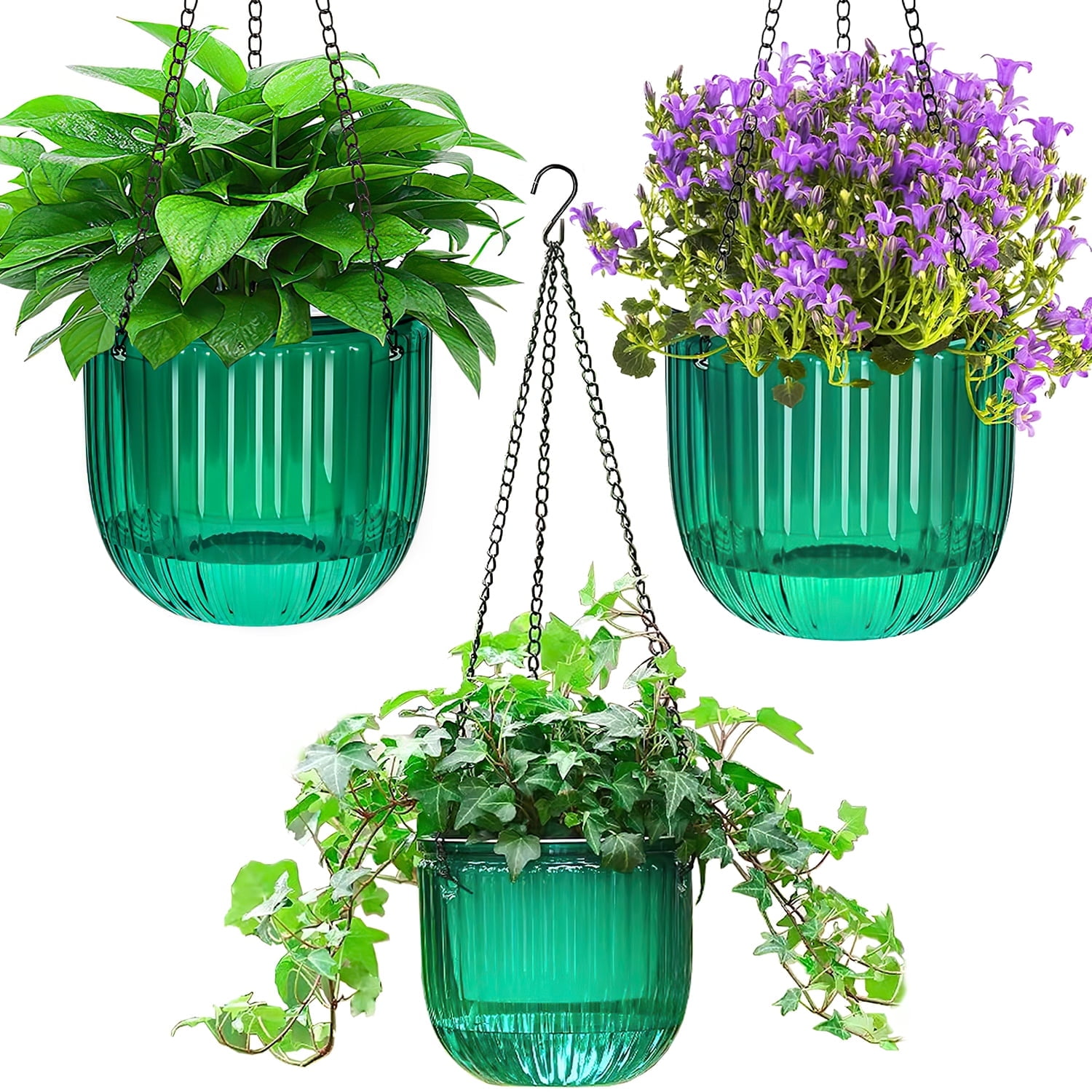 3 Pack Self-Watering Hanging Plant Pots, Plastic Planters with Drainage Holes, 2 x 6.5in & 1 x 4.5in, with 3 Hooks for Indoor & Outdoor Plants
