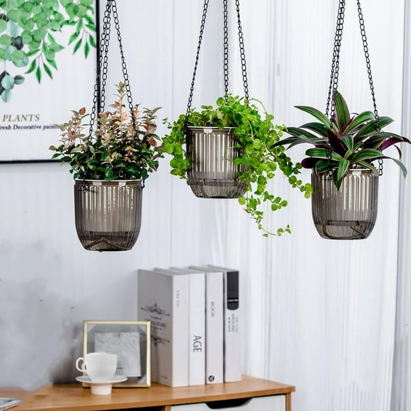 3 Pack Self Watering Hanging Planters for Indoor and Outdoor Plants, Gray Small Hanging Planter,4.5 Inch Hanging Baskets with Chains Drainage Holes, Hanging Flower Pot for Garden Home