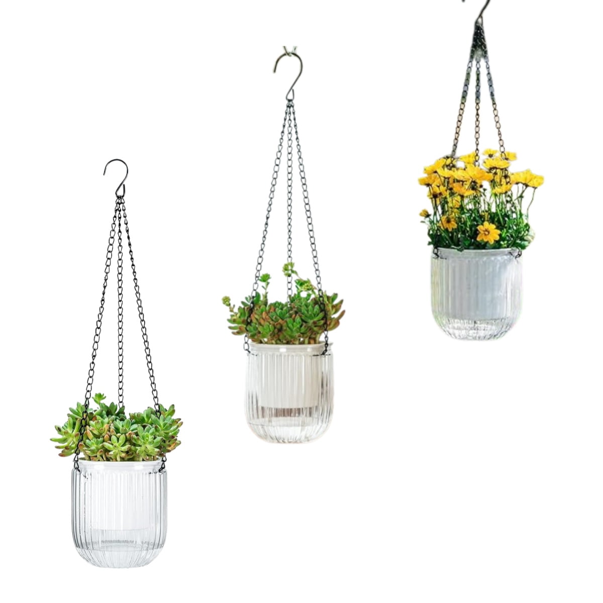 3 Pack Self Watering Hanging Planters, Indoor Small Flower Pots, 4.5In Hanging Basket with Drainage Holes, Plant Hanger with 3 Hooks for Outdoor Garden Home , Clear