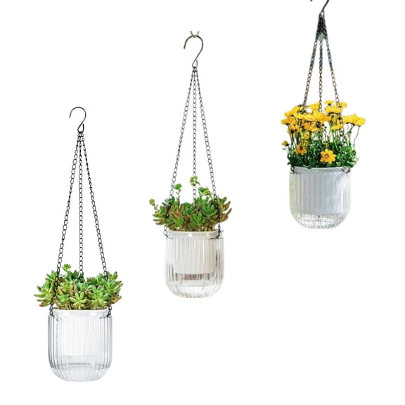 3 Pack Self Watering Hanging Planters, Indoor Small Flower Pots, 4.5In Hanging Basket with Drainage Holes, Plant Hanger with 3 Hooks for Outdoor Garden Home , Clear