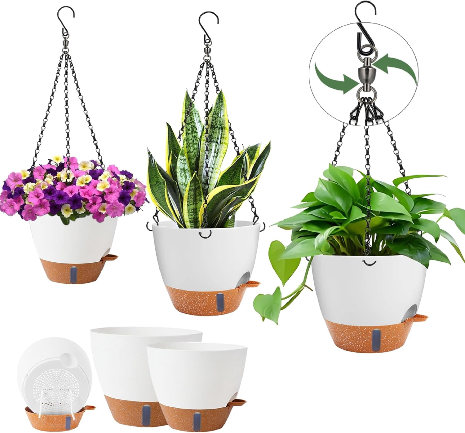 3 Pack Self Watering Hanging Planters with 360 Swivel Hanging Pot Chains 20 Inches, 10/9/8 Inch Pots for Indoor Outdoor Plants, White