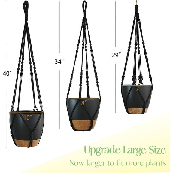 3 Pack Self-Watering Hanging Planters with Macrame Hangers - Large Black Pots for Garden Home Decor