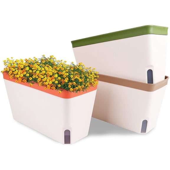 3 Pack Self Watering Herb Planter Set for Windowsill, 10.5In Indoor Garden Planters with Water Level Indicator, Dual Layer Easy Care Pot Basil, Flowers, Vegetables & Succulent