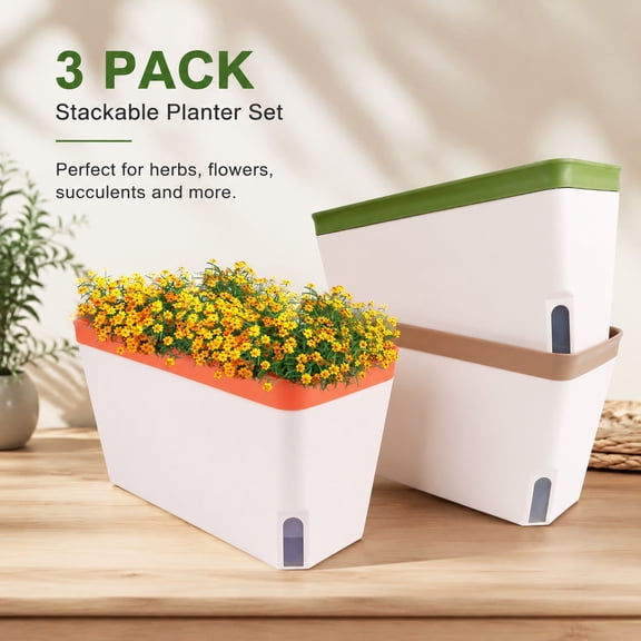 3 Pack Self Watering Herb Planter Set for Windowsill, 10.5In Indoor Herb Garden Pots with Water Level Indicator, Dual Layer Planters for Basil, Flowers, Vegetables & Succulents