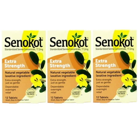 3 Pack - Senokot Extra Strength Natural Vegetable Ingredient Laxative 12 Tablets Each
