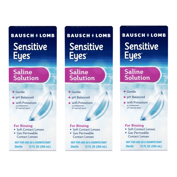 3 Pack -Sensitive Eyes Saline Solution from Bausch & Lomb, for Soft Contact & Gas Permeable Lenses, Saline Solution with Potassium, 12 Fl Oz (355 mL)