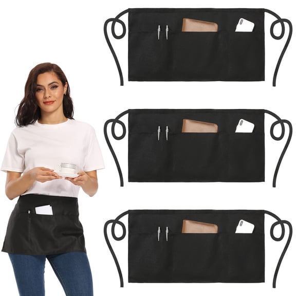 3 Pack Server Apron - Waist Half Aprons for Waitress with 3 Pockets, Black Short Serving