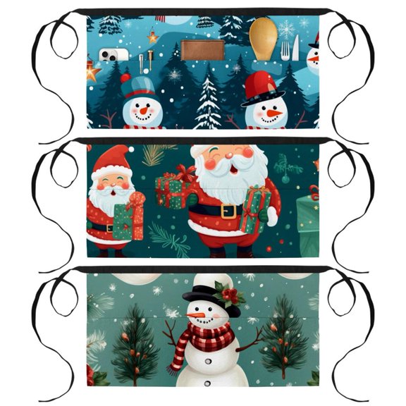 3 Pack Server Apron with 3 Pockets - Christmas Snowman Unisex Short/Half Waiter Waist Short Apron