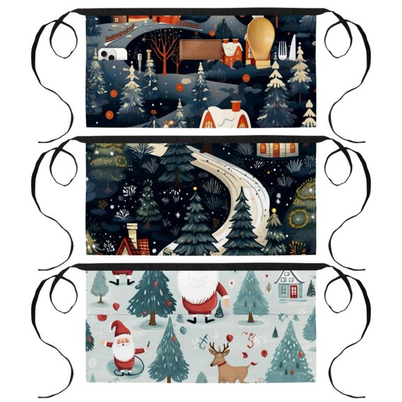 3 Pack Server Apron with 3 Pockets - Christmas Unisex Short/Half Waiter Waist Short Apron