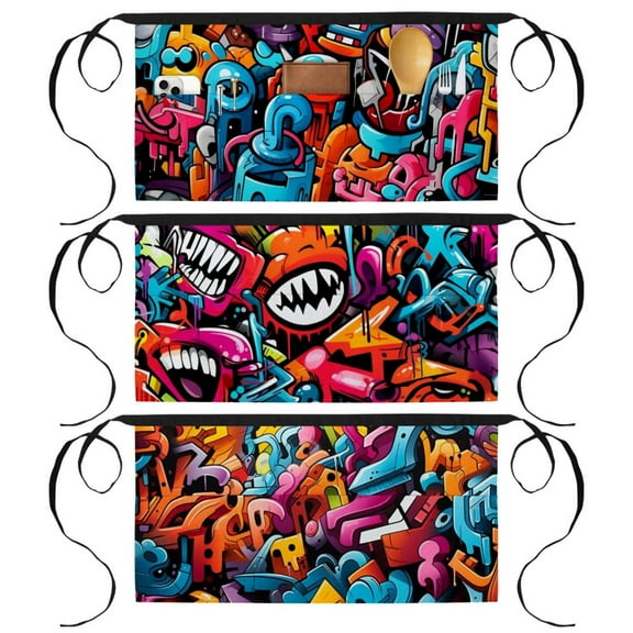 3 Pack Server Apron with 3 Pockets - Doodle Unisex Short/Half Waiter Waist Short Apron