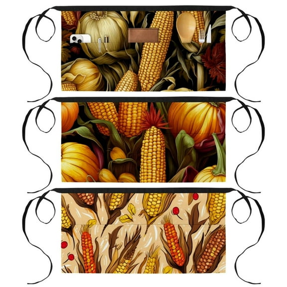 3 Pack Server Apron with 3 Pockets - Thanksgiving Corn Unisex Short/Half Waiter Waist Short Apron