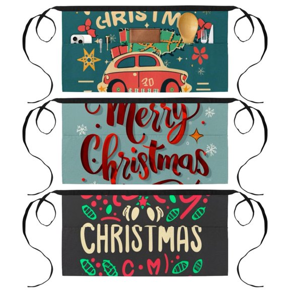 3 Pack Server Aprons with 3 Pockets, Christmas Waitress Waiter Apron