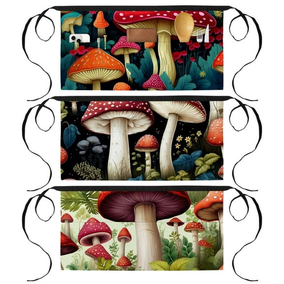 3 Pack Server Aprons with 3 Pockets, Mushroom Waitress Waiter Apron