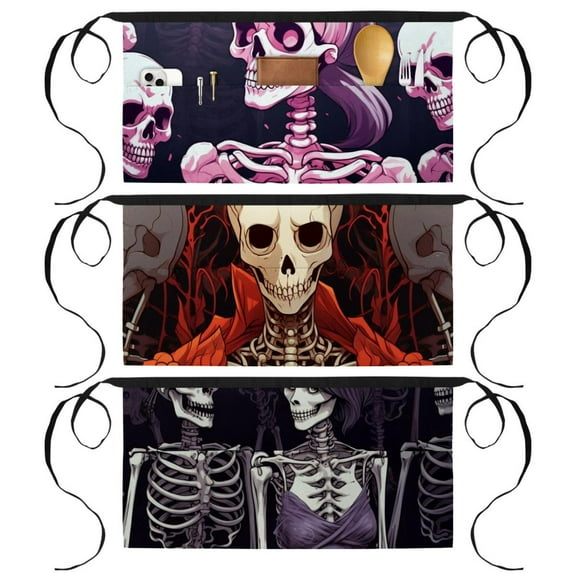 3 Pack Server Aprons with 3 Pockets, Skeleton Waitress Waiter Apron