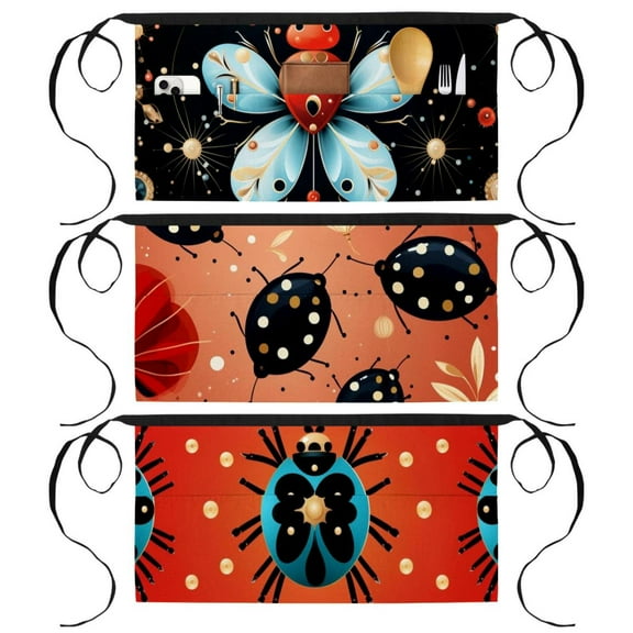 3 Pack Server Aprons with 3 Pockets - Waist Apron, Waitress Apron for Women and Man, Ladybird Half Apron