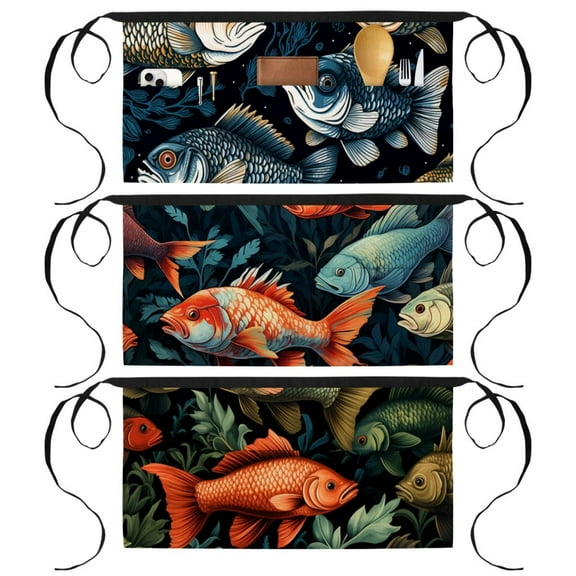 3 Pack Server Aprons with 3 Pockets, Waitress Waiter Waist Apron, Fish