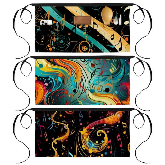 3 Pack Server Aprons with 3 Pockets, Waitress Waiter Waist Apron, Music Note