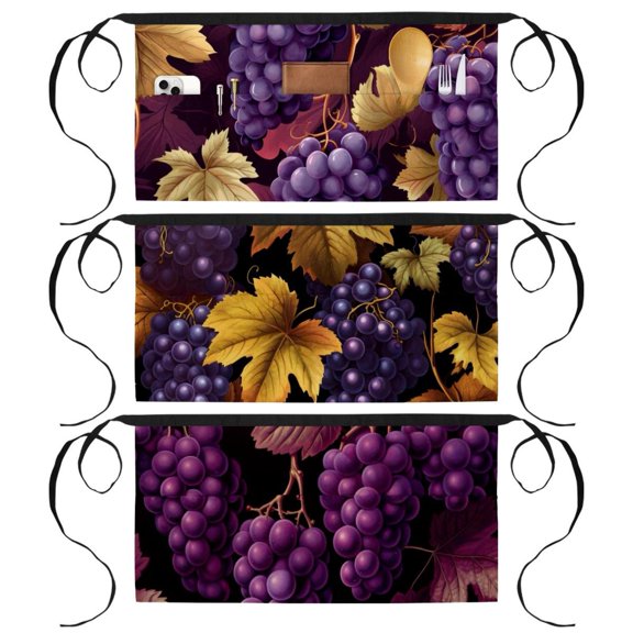 3 Pack Server Aprons with 3 Pockets, Waitress Waiter Waist Apron, Thanksgiving Grape
