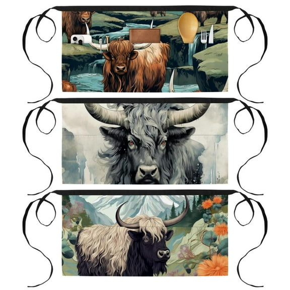 3 Pack Server Aprons with 3 Pockets, Waitress Waiter Waist Apron, Yak