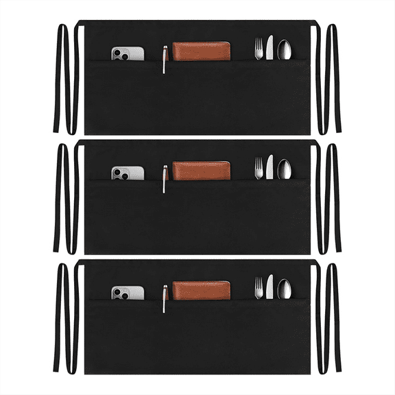 3 Pack Server Aprons with 3 Pockets, Water Oil Stain Waitress Waiter Apron Black Waist Aprons Bistro Apron for Women Men,3 Pack * Server Aprons,Black