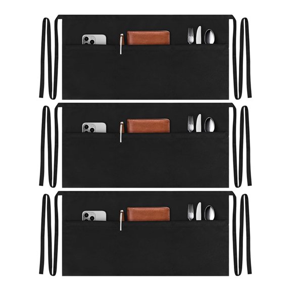 3 Pack Server Aprons with 3 Pockets, Water Oil Stain Waitress Waiter Apron Black Waist Aprons Bistro Apron for Women Men