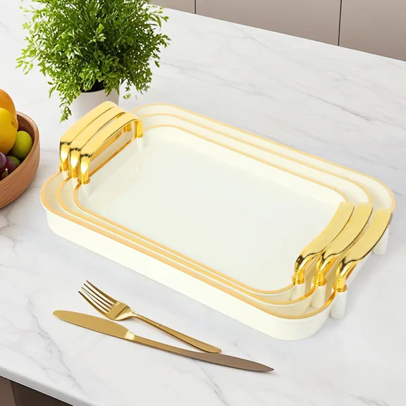 3 Pack Serving Tray with Handles Stackable Reusable Trays for Serving Food Plastic Serving Platters for birthday Party Charcuterie Fruit Appetizer BBQ Pool snacktray  festive party platter
