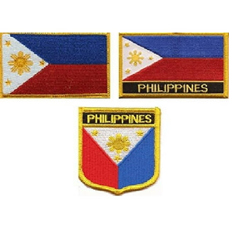 3 Pack Set Of Philippines Flag Patches, Contains Patch With Name, Without Name And A Shield Patch, Filipino Embroidered Iron On Or Sew On Flag Patch Emblems