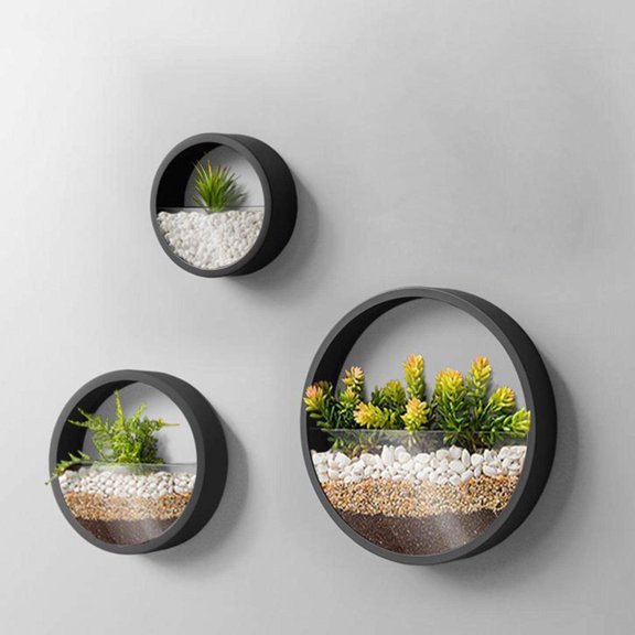 3 Pack Set Wall Planters,Modern Round Glass Wall Planter Succulent Planter Circle Iron Planter Vase for ,Small Cactus for Balcony, Room and Patio Decor (Black)