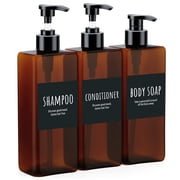 3 Pack Shampoo and Conditioner Dispenser Refillable, 16.9oz Shower Bottles Soap Dispenser with Labels, 500ml Empty Plastic Square Pump Bottle Dispenser Body Wash Containers for Bathroom Brown