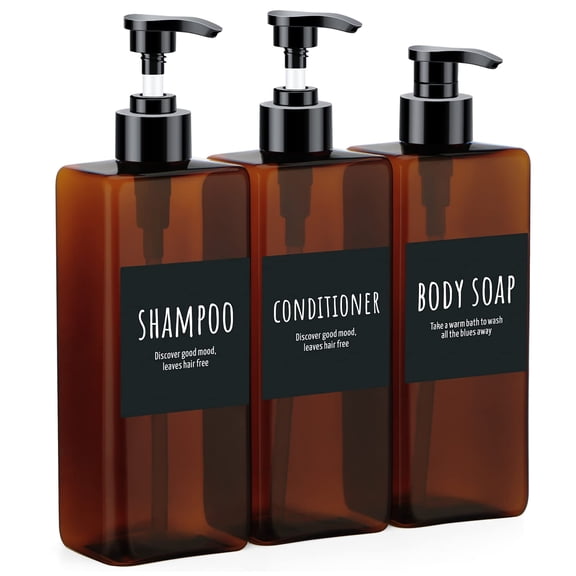 3 Pack Shampoo and Conditioner Dispenser Refillable, 16.9oz Shower Bottles Soap Dispenser with Labels, 500ml Empty Plastic Square Pump Bottle Dispenser Body Wash Containers for Bathroom Brown