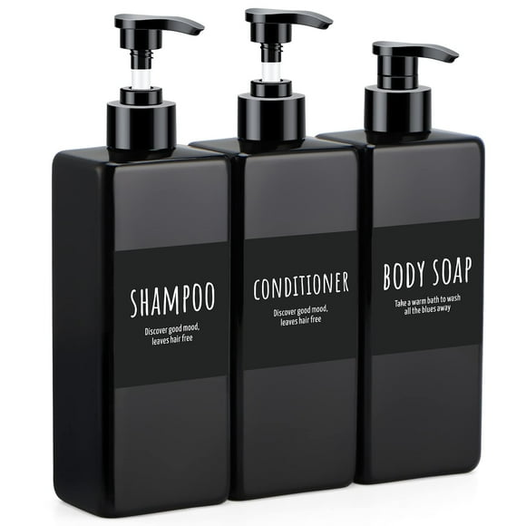 3 Pack Shampoo and Conditioner Dispenser Refillable, 16.9oz Shower Bottles Soap Dispenser with Labels, 500ml Empty Plastic Square Pump Bottle Dispenser Body Wash Containers for Bathroom Black