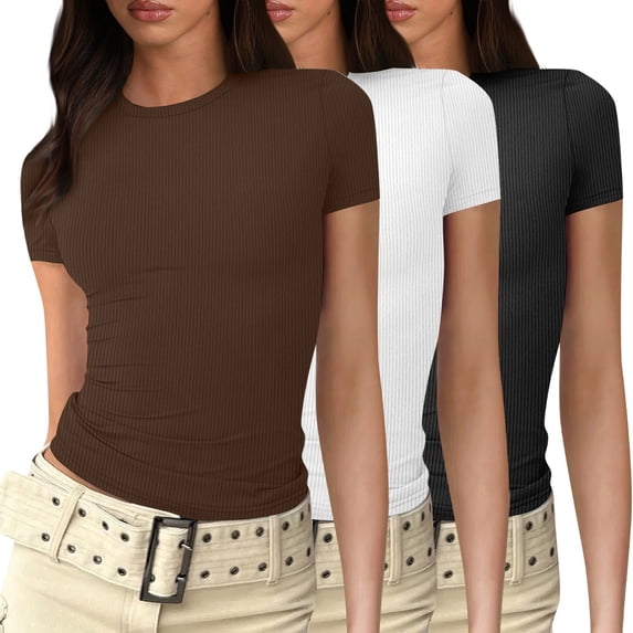 3 Pack Short Sleeve Crop Tops For Women Elegant Crew Neck Thermal Trendy Y2k Basic Tee Athletic Fashion Slim Fitted Tops Outfit Teen Girls Layering Juniors Tight Shirt Brown L