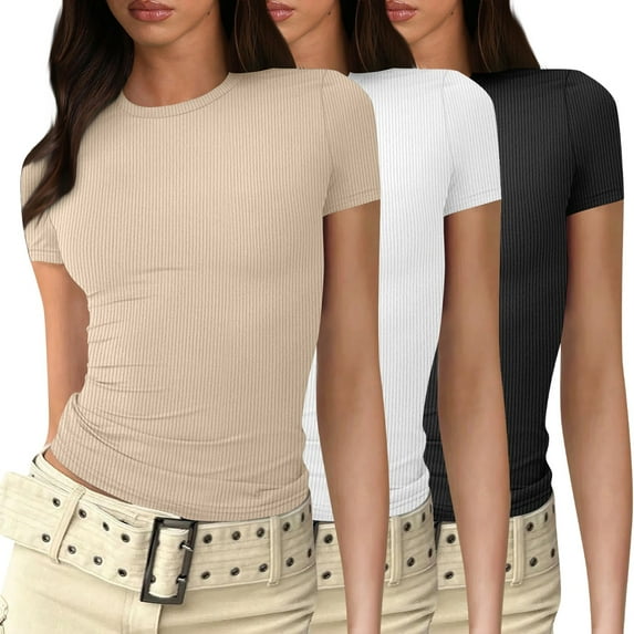 3 Pack Short Sleeve Crop Tops Jr Womens Teen Girls Fashion Y2k Tight Shirt Crew Neck Outfit Slim Fitted Thermal Basic Tee Cute Athletic Layering Juniors Tops Khaki M