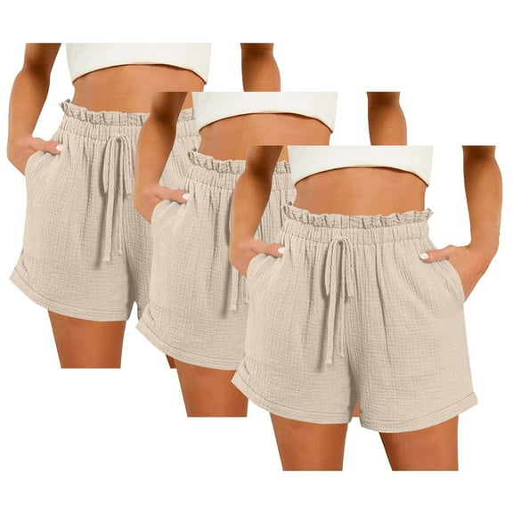 3 Pack Shorts Cotton Polyester Lounge Beach Short Pants Women Drawstring Ruffled Elastic Waist Casual Shorts (M, Beige-3PCS)