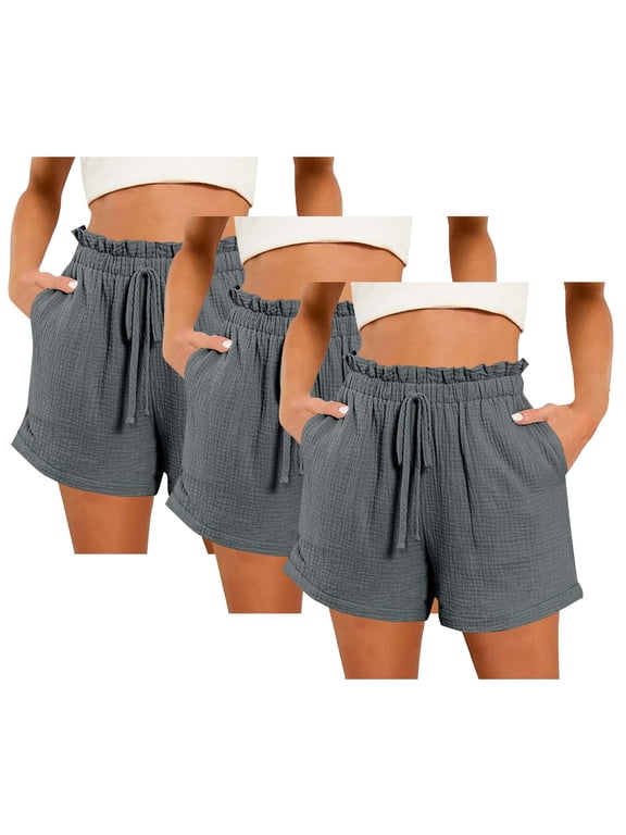 3 Pack Shorts Cotton Polyester Lounge Beach Short Pants Women Drawstring Ruffled Elastic Waist Casual Shorts (S, Gray-3PCS)