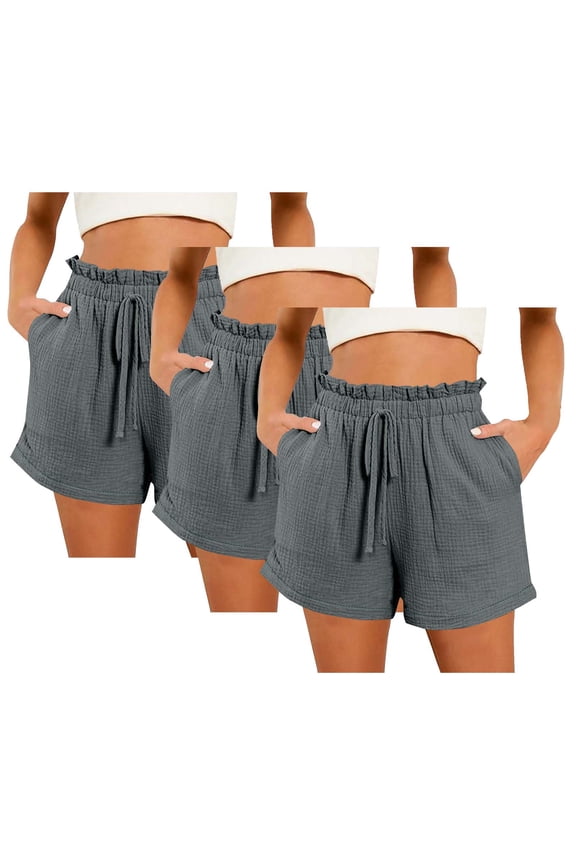 3 Pack Shorts Cotton Polyester Lounge Beach Short Pants Women Drawstring Ruffled Elastic Waist Casual Shorts (XL, Gray-3PCS)