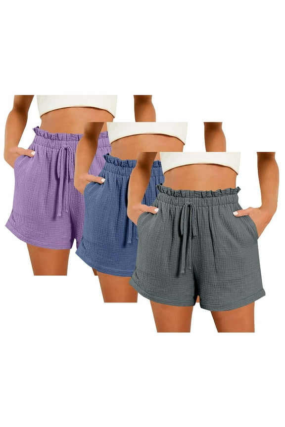 3 Pack Shorts Cotton Polyester Lounge Beach Short Pants Women Drawstring Ruffled Elastic Waist Casual Shorts (XL, Gray A)