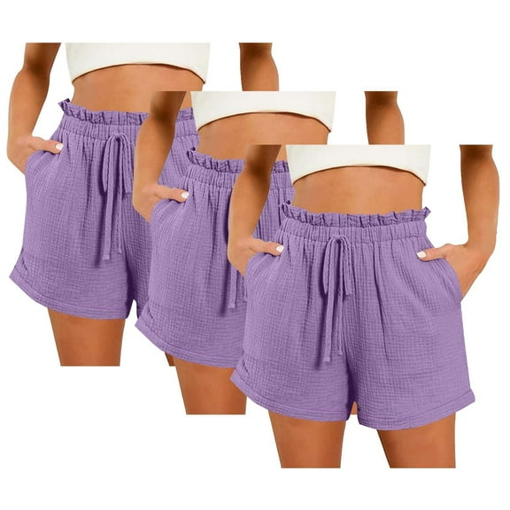 3 Pack Shorts Cotton Polyester Lounge Beach Short Pants Women Drawstring Ruffled Elastic Waist Casual Shorts (XL, Purple-3PCS)