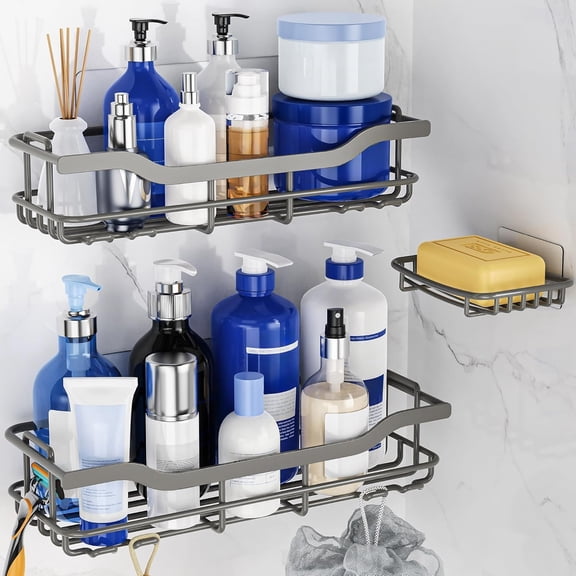 3-Pack Shower Caddy with Soap Holder, Adhesive Rustproof No-drill Strudy Loading Inside Shower Organizer Shelves Rack Storage Bathroom Organization for Smooth Wall Glass Tile, Grey (X-Large)