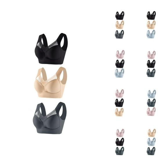 3 Pack Side Support Push Up Bras for Women Plus Size Wireless Lightweight Comfortable Bralettes Everyday Bra