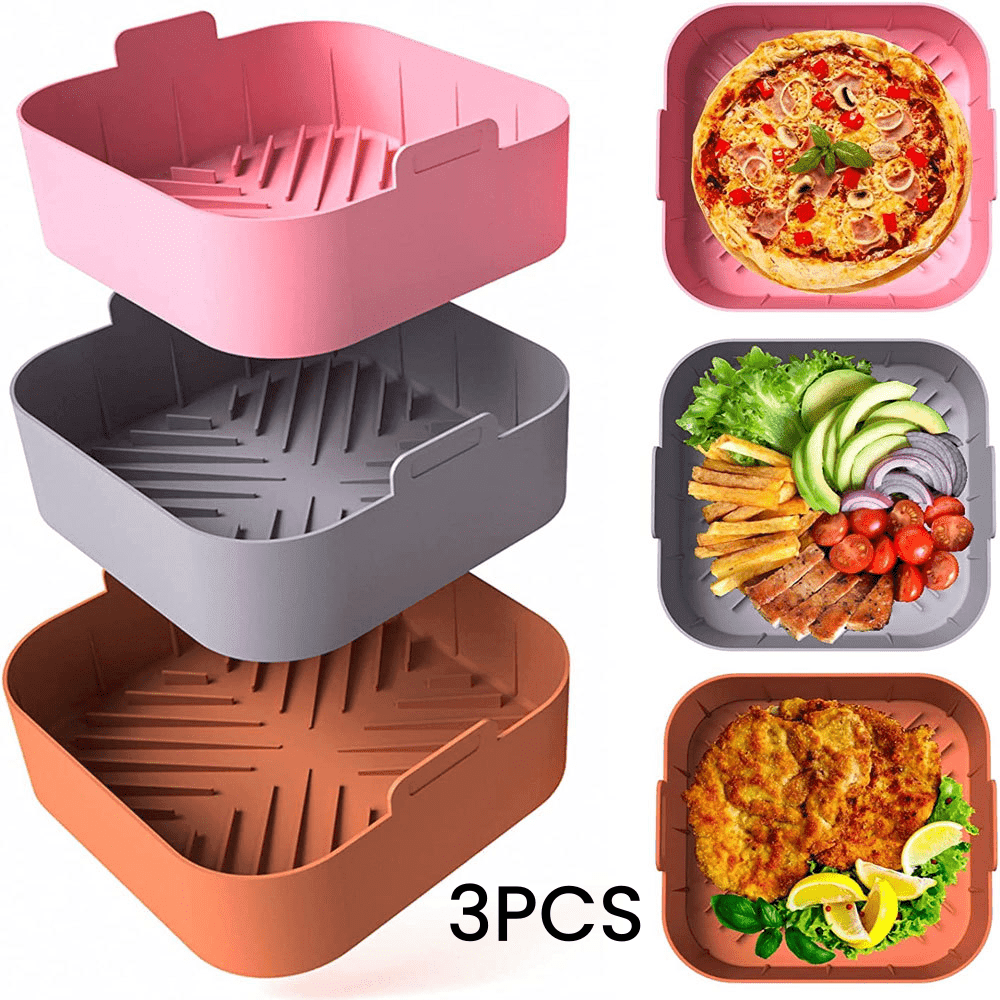 3-Pack Silicone Air Fryer Baskets - 8.27" Reusable Non-Stick Liners for 5.5-7 QT Air Fryers - Heat Resistant, Easy Clean, Dishwasher Safe, PFOA-Free, Food Contact Safe Accessories
