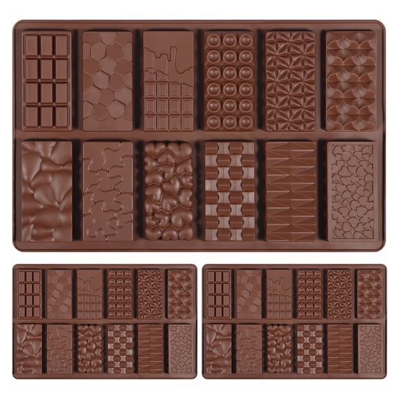 3 Pack Silicone Chocolate Bar Molds 12 Cavity Assorted Textures Break Apart Candy Mold Non Stick Food Grade for DIY Baking Cooking Brown