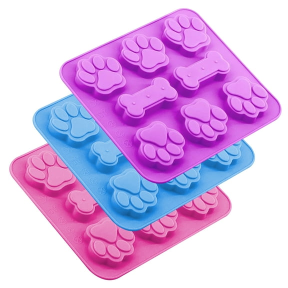 3 Pack Silicone Molds with Puppy Dog Paw and Bone Shaped 2 in 1, Reusable Non-Stick Ice Cube Trays & Flexible Candy Chocolate Molds for Homemade Dog Treats, Pudding, Jelly & Baking Biscuits