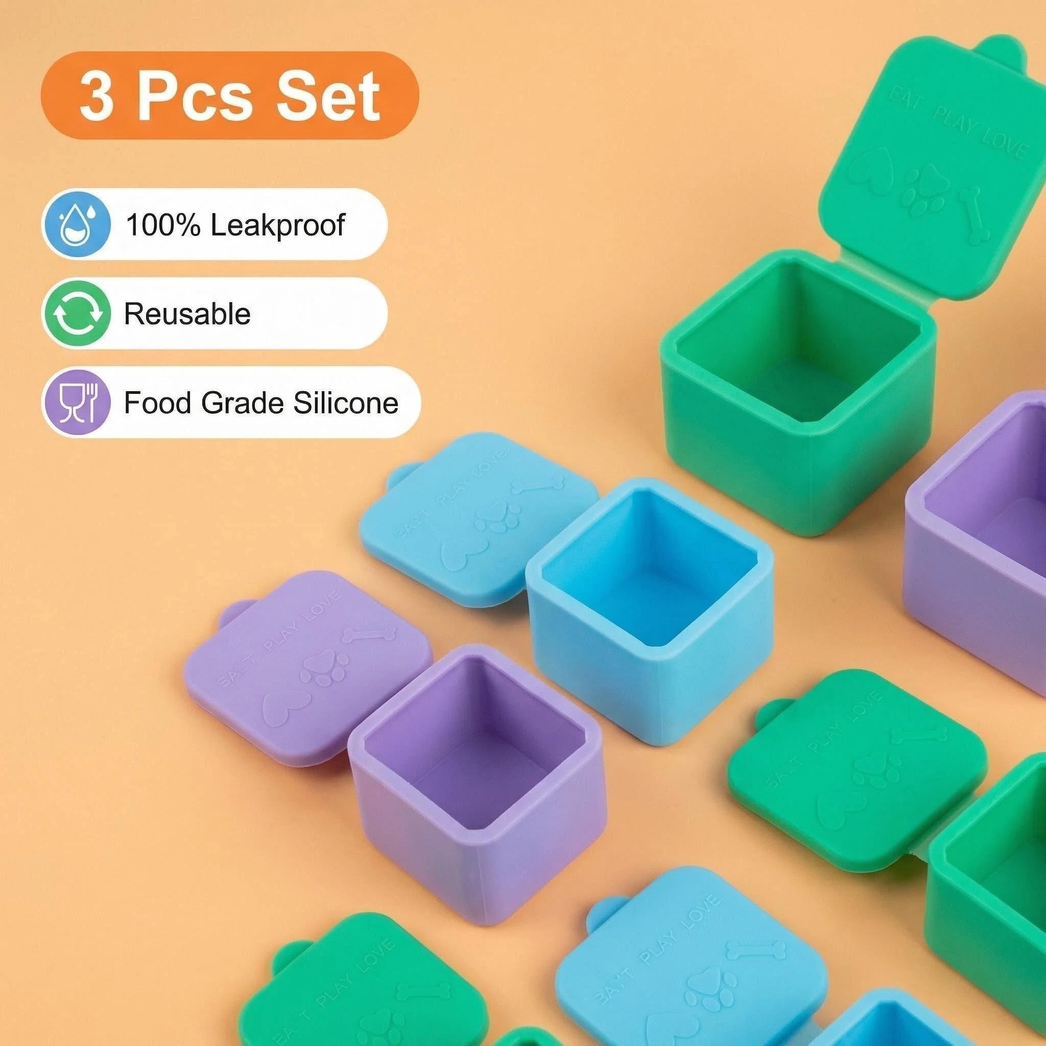 3 Pack Silicone Small Snack Container, Stackable Puree Sauce Condiment Food Storage Lunch Bento Box with Lids, Leak-proof, BPA Free, Dishwasher & Microwave & Oven Safe