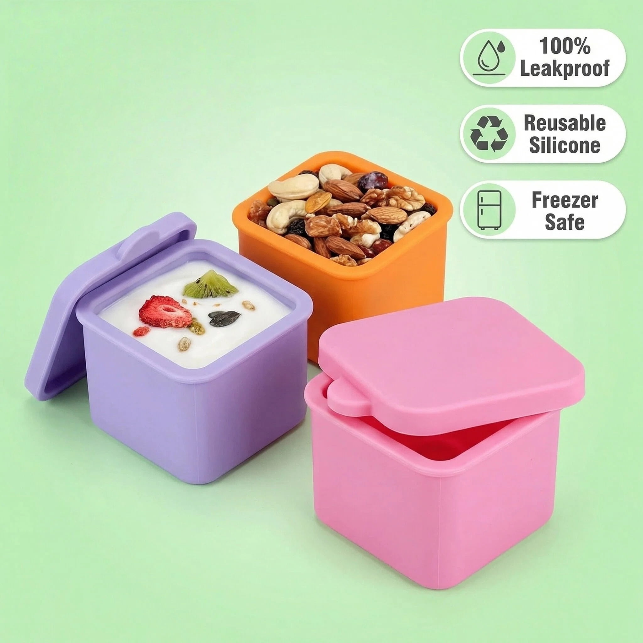3 Pack Silicone Small Snack Container, Stackable Puree Sauce Condiment Food Storage Lunch Bento Box with Lids, Leak-proof, BPA Free, Dishwasher & Microwave & Oven Safe