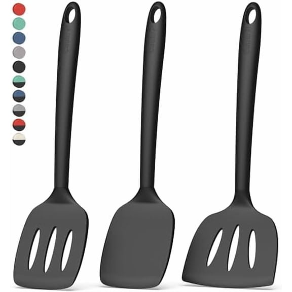 3 Pack Silicone Spatula Set, High Heat Resistant, BPA-Free, Fish Spatula, Solid & Slotted Turner for Non-Stick Pans, Flipping Eggs, Pancakes, Fish, Burgers (3, PureBlack)