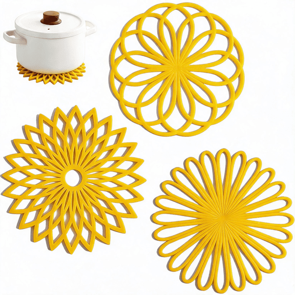 3-Pack Silicone Trivets for Hot Dishes, Heat Resistant Pot Holders & Non-Slip Hot Pads for Kitchen Countertop Table, Mats Yellow