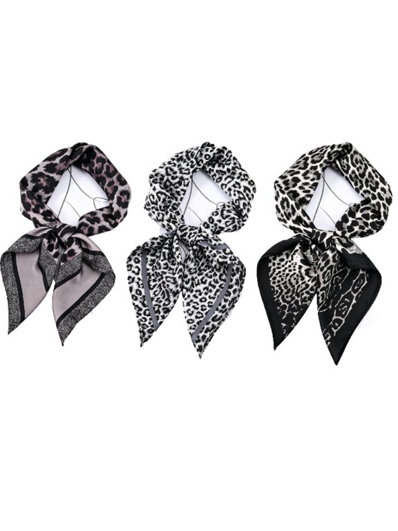 3-Pack Silk Hair bandanas Print Leopard Neck cloth Summer Neckerchief for Women Bag Purse Accessory