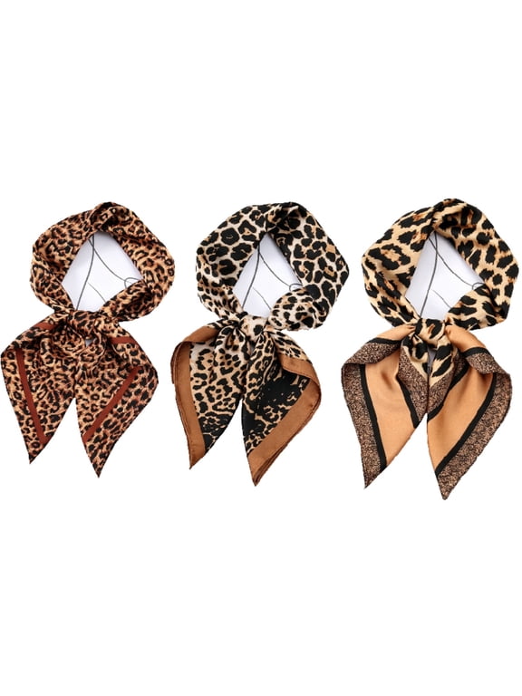 3-Pack Silk Hair bandanas Print Leopard Neck cloth Summer Neckerchief for Women Bag Purse Accessory