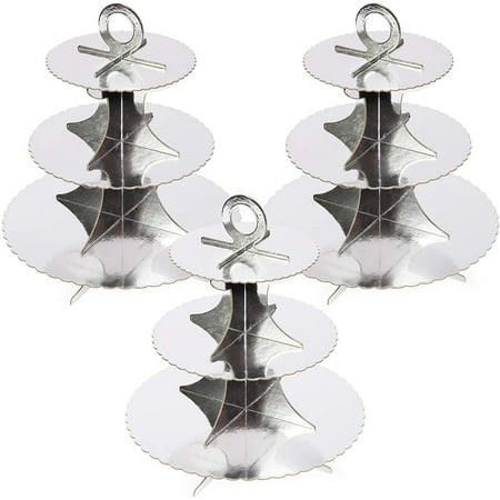 3 Pack Silver Foil 3-Tiered Cupcake Holders with Scalloped Edge for Girl Baby Showers, Birthday Party